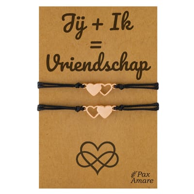 Vriendschapsarmbandjes voor 2 "Jij + Ik = Vriendschap" - Hartjes - BFF Armbandjes met Cadeau Kaartje - Rosé Goud & Zwart - Elastisch Verstelbaar - Pax Amare
