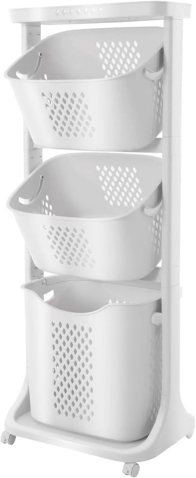 Wasmand 3 etages - Waskarrt Sorteerder - Kleding Sorteren - Poreus Ontwerp - 43 x 33 x 109 cm - Wit