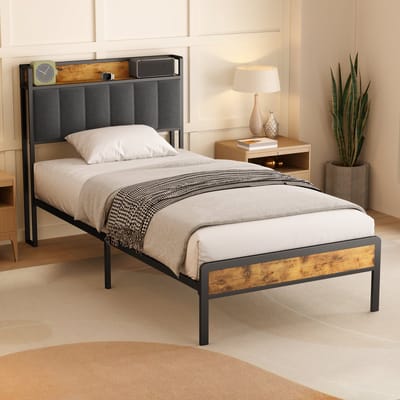 Xbro Bed 90 x 200 cm met Hoofdbord en Metalen Bedbodem, Eenpersoonsbed met 35 cm Opbergruimte, Gemakkelijk te Monteren