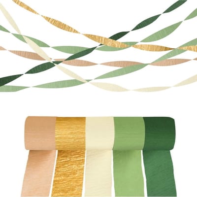 5 Rollen - Crepe Paper - Crêpepapier Rollen - Kleurrijke Crepe Tape - Crêpepapier Streamers - Feest Streamers - Feestdecoraties - Bruiloftsdecoraties-Olijfgroen, grasgroen, kaki, wit, goud-4.5*25M- voor Feesten, Bruiloften, Verjaardagen, Babyshowers