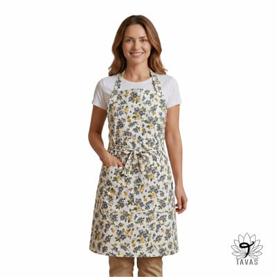 Culinary Keukenschort - Crèmewit - Blauwe Bloemen - 60x80 cm - Kookschort met Zakken en 86 cm Tailleband - Horeca - Keukenschort Dames - Keukenschort Heren