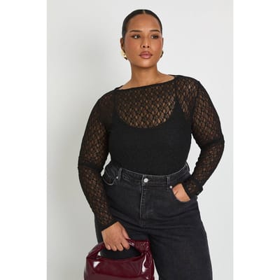 boohoo Dames Plus Kanten Lange Mouw Bodysuit | Zwart | Maat: 44