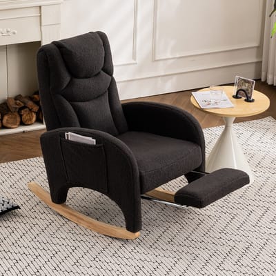 OKWISH Schommelstoel – Ergonomische Relaxstoel Met Inklapbare Voetensteun – Teddystof – Schommelend Comfort Voor Woonkamer/Slaapkamer – Donkergrijs