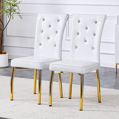 BLACKCOLORS Set van 2 eetkamerstoelen bekleed met retro alligatorleer, met kristallen gesp en kunstleer, om uw eetkamer een vleugje elegantie en mysterie te geven. Gouden metalen poten