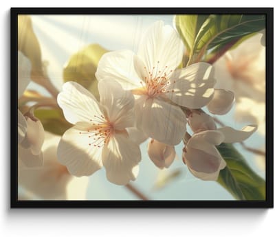 Poster in lijst - Fotolijst 70x50 cm - Posters - Bloesems - Wit - Zonnestralen - Bloemblaadjes - Posterlijst zwart - Decoratie - Wanddecoratie woonkamer - Muurdecoratie slaapkamer