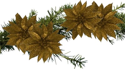 Kerstboomversiering Bloemen - 4x stuks - 9 cm - goud glitter - op clip