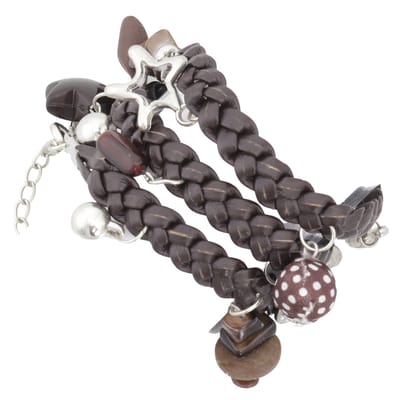 Behave Armband - Met Hangers - Gevlochten Wikkelarmband - Imitatieleer - 65,5 cm (+6 cm verlengketting) - Bruin