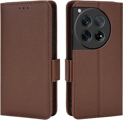 Geschikt voor Oneplus 12 5G - PU Leer - Schokbestendig - Book Case Hoesje - Bruin