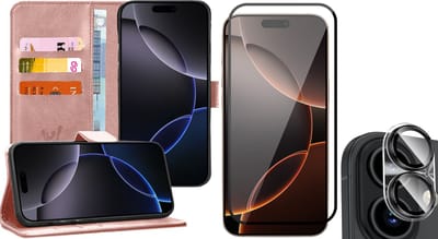 Hoesje geschikt voor iPhone 16 - Screenprotector Volledig Dekkend Glas & Camera - Portemonnee Book Case Rosegoud