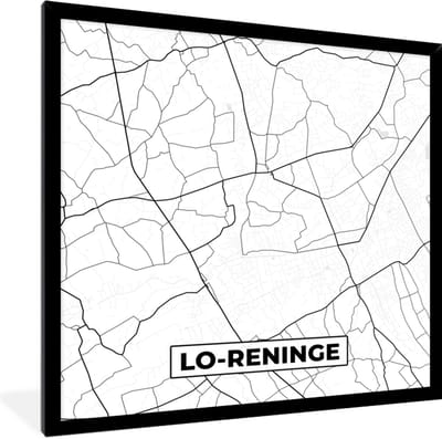 Fotolijst incl. Poster Zwart Wit- België – Lo Reninge – Stadskaart – Kaart – Zwart Wit – Plattegrond - 40x40 cm - Posterlijst