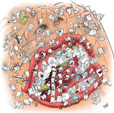 Cartoon plafondplaat - Poster - Roland Hols - Gebitszorg - 60 x 60 cm - Forex 5 mm dik - Tandarts - Orthodontist - Mondhygiënist - voor boven de behandelstoel