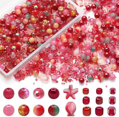 Glazen kralen voor het maken van armbanden, kleurrijke kristallen kralen voor het maken van sieraden, set, afstandhouder, 8 mm, verschillende kralen, oceaan, zeesterkralen en rocailles(rood)