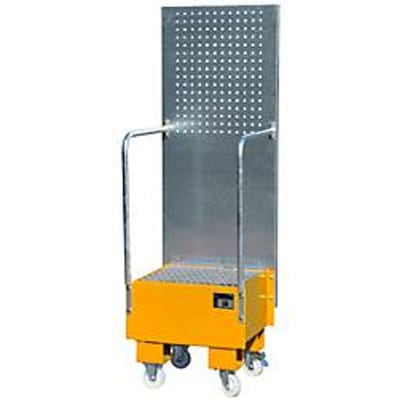 Verrijdbare lekbak met geperforeerde plaatwand, van staal, capaciteit 1 x 60 liter vat, oranje