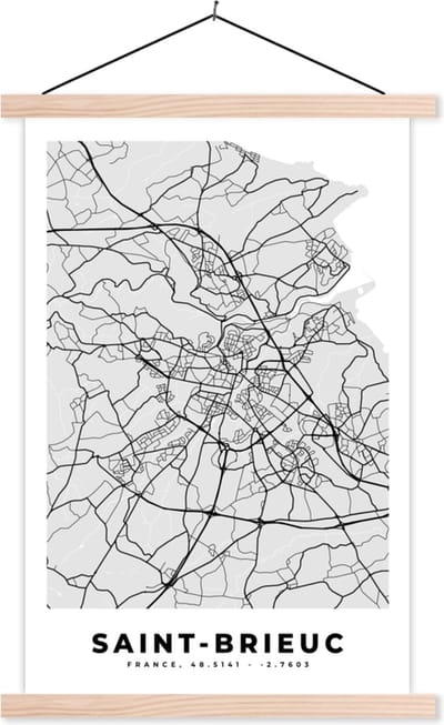 Posterhanger incl. Poster 40x60 cm - Schoolplaat - Plattegrond - Kaart - Stadskaart - Frankrijk - Saint-Brieuc - Textielposter - Blanke latten - Stadskaart