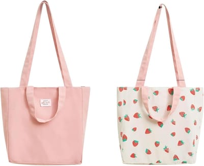 Dubbelzijdige katoenen canvas tas met dubbele handvatten - Herbruikbare boodschappentas voor winkelen, gereedschap, reizen en strand (Aardbei, 31 * 10 * 31 cm)