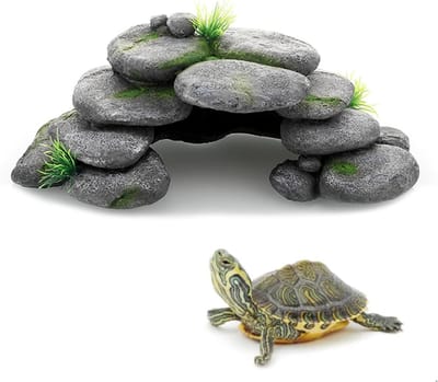 Grote Aquarium Grotten Decoratie met Groene Gras en Schildpad Accessoires voor Vissen en Garnalen - Hiding Decoration van Hars 23 x 12,5 x 7,5 cm