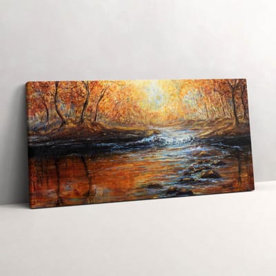 Wallfluent Foto Op Canvas Een herfstbos beschilderd met verf - 100 x 50 cm - Bruin Canvas Schilderij - Landschappen Foto Op Doek - Natuur Print Van Doek - Kunst Schilderij Op Canvas