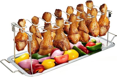 Intirilife Roestvrijstalen Kippenpotenrek met lekbakje in Zilver - Voor het gemakkelijk dichtschroeien van kippenbouten tijdens het grillen