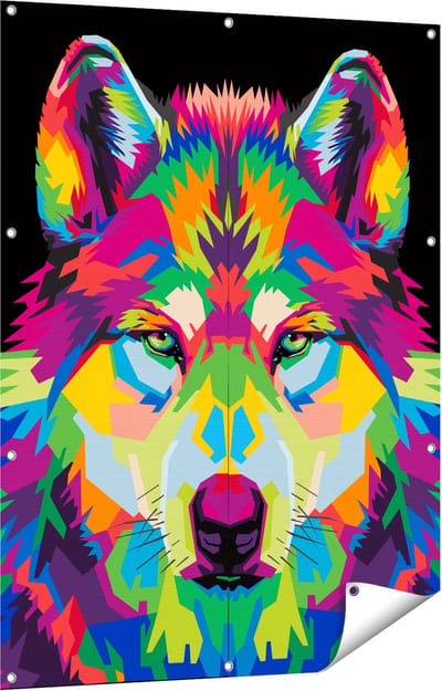 Gards Tuinposter Gekleurde Wolvenkop - Wolf - Abstract - 90x120 cm - Tuindoek - Tuindecoratie - Wanddecoratie buiten - Tuinschilderij