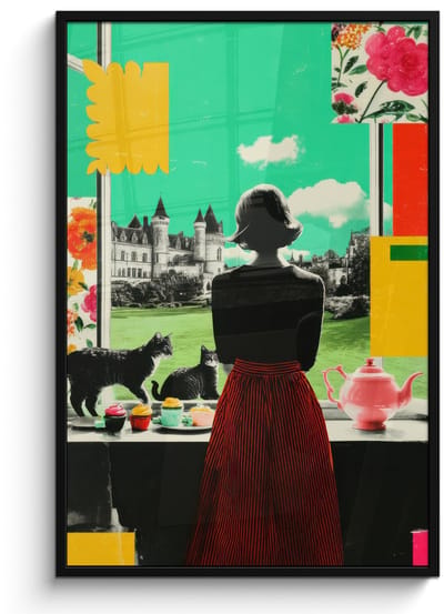 Poster in lijst - Fotolijst 80x120 cm - Posters - Vrouw - Keuken - Katten - Doorkijk - Posterlijst zwart - Decoratie - Wanddecoratie woonkamer - Muurdecoratie slaapkamer