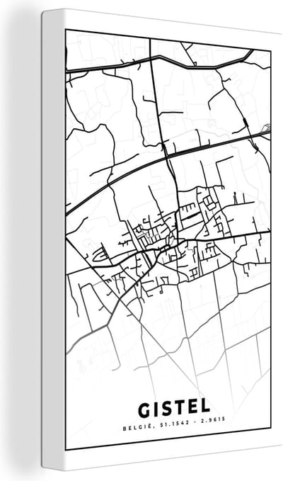 Canvas Schilderij Plattegrond – Gistel – Zwart Wit – Stadskaart - België - Kaart - 20x30 cm - Wanddecoratie