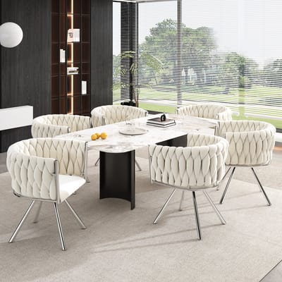 Eetkamerstoel - Set van 6 - Fluwelen kaptafelstoel, luxe draaistoel voor de slaapkamer, comfortabele draaistoel, vier metalen steunpoten - Beige