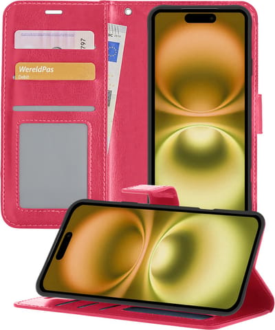 Hoesje - Met Pasjeshouder - Geschikt voor Apple iPhone 16 - Luxe Bookcase Portemonee - Flip Case - Kunstleer Book Case - Flipcase - Book Cover - Walletcase - Portemonneehoes - Telefoonhoesjes - Donkerroze