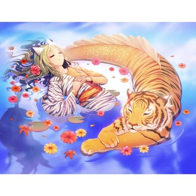 Fleur Elf et Tigre 5d Bricolage Diamant Broderie Pleine Peinture De Diamant Rond 20X30CM beige