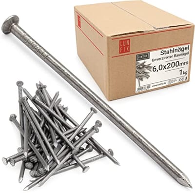 Stalen spijkers 6 x 200 mm - 1 kg | houten spijkers voor bouwwerkzaamheden | Onverzinkte baunnagels | Draadpennen met verzonken kop voor timmerwerk, DIY, en ambachten