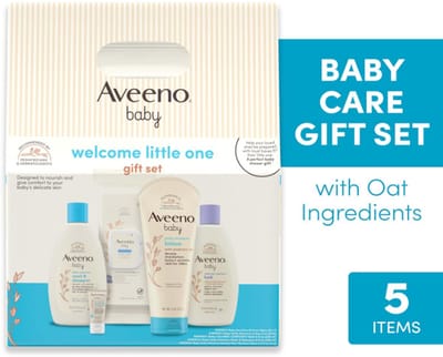 Aveeno Baby Welcome Little One Cadeauset - 5-delige Complete Verzorging voor Pasgeboren Baby | Body Wash & Shampoo, Kalmerende Badwash, Vochtige Doekjes, Dagcrème & Balsem