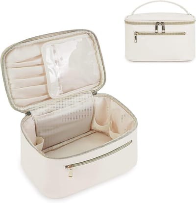 Make-uptas - Reistas - Toilettas - Opbergtas - Groot formaat - Met borstelvak - PU-leer - Draagbaar - Beige
