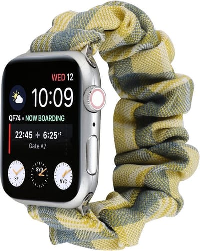 By Qubix - Geschikt voor Apple Watch bandje - Elastisch scrunchie nylon bandje - Geel / Blauw - Geschikt voor Apple Watch 44mm / 45mm / 46mm / 49mm (Ultra 1,2 en 3) - nylon - bandje iWatch