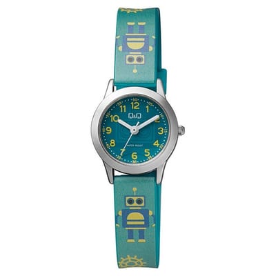 Q&Q QC29J335Y - Horloge - Analoog - Kinderen - Unisex - Plastic band - Rond - Cijfers - Metaal - Groen - Zilverkleurig - Geel