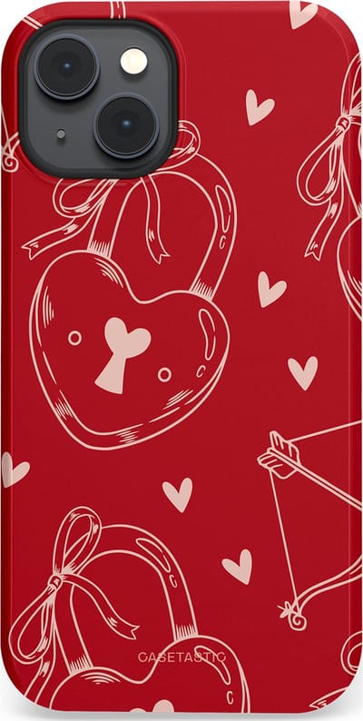 Casetastic Hoesje Geschikt voor Apple iPhone 14 Plus Magsafe - Stijlvolle Beschermende Duo-layer Case - Hartendief - Liefdes Slotjes - Valentijn - Valentine - Love - Rood Wit