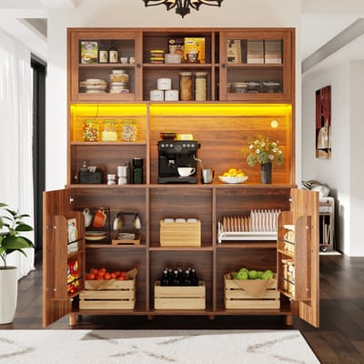 MODENUIT Hogekast - LED en Schuifdeuren van Glas - Voor Keuken en Woonkamer - MDF - 140x40x185 cm - Walnootbruin
