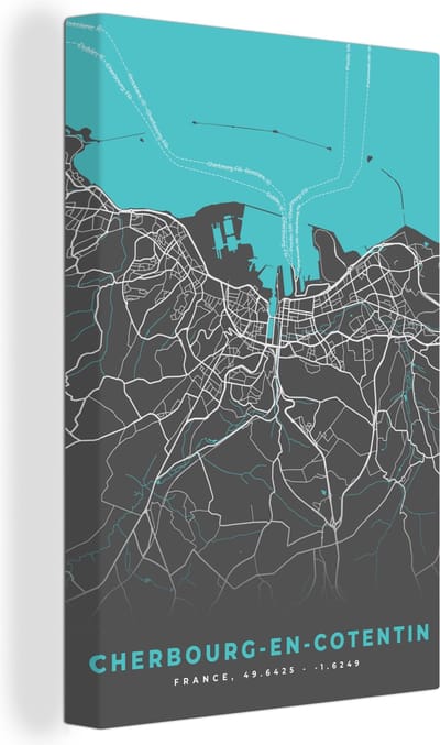 Canvas Schilderij Plattegrond - Kaart - Cherbourg-en-Cotentin - Stadskaart - Frankrijk - 20x30 cm - Wanddecoratie