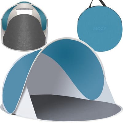MOZY - Pop-up Strandtent - Grijs/Turquoise - 145 x 100 x 70 cm - met Draagtas - UV30 - UV Werend - UV Bescherming - Windbescherming