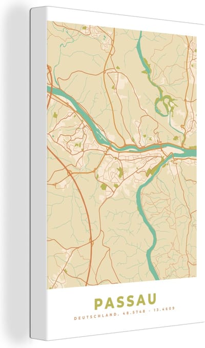 Canvas Schilderij Vintage - Passau - Stadskaart - Plattegrond - Kaart - 20x30 cm - Wanddecoratie