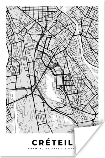 Poster Frankrijk - Plattegrond - Kaart - Créteil - Stadskaart - 120x180 cm XXL