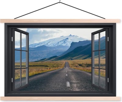 Posterhanger incl. Poster 150x100 cm - Schoolplaat - Doorkijk - Berg - Weg - Textielposter - Blanke latten