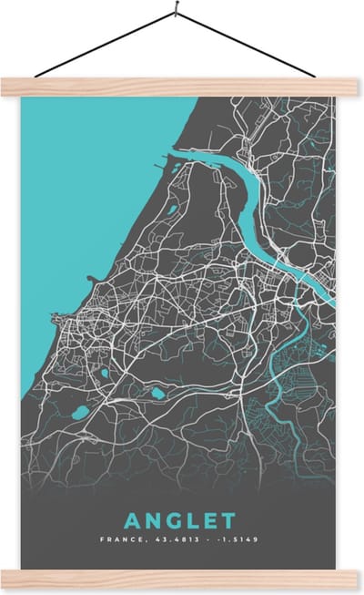 Posterhanger incl. Poster 40x60 cm - Schoolplaat - Frankrijk - Stadskaart - Kaart - Plattegrond - Anglet - Textielposter - Blanke latten - Stadskaart