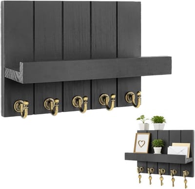 Decoratieve Houten Sleutelhanger met 5 Haakjes, Wandrek voor Sleutels met Plank, Ideaal voor Entree, Hal en Woonkamer