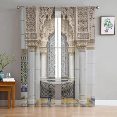 Rideaux Fenêtre Tulle Porte Marocaine pour Salon Rideau Voile Transparent Imprimé pour Fenêtre de Chambre à Coucher Rideaux Brise-vue Stores Décoration Intérieure W135 x H137cm x1&Grommet Top