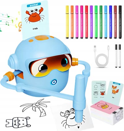 Tekent Robot voor Kinderen 3+ Jaar, Educatief Tekenspel met 100 Kaarten & 14 Pennen, Leer Engels door te Tekenen, Creatief Cadeau voor Jongens en Meisjes,Blauw