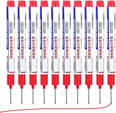 Markeerpen Lange Punt - Precisie Tool - Diepe Gaten Markeren - Sneldrogende Inkt - 10 Stuks - Rood