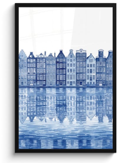 Poster in lijst - Fotolijst 60x90 cm - Posters - Aquarel - Grachtenpanden - Delfts - Blauw - Posterlijst zwart - Decoratie - Wanddecoratie woonkamer - Muurdecoratie slaapkamer
