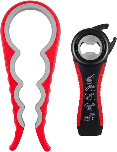 SnelShoppen - 2 Stuks Glasopener, Multifunctionele Draaidekselopener, 5-in-1 en 4-in-1 voor Senioren, Flessenopener voor Zwakke Handen, Keukenaccessoi