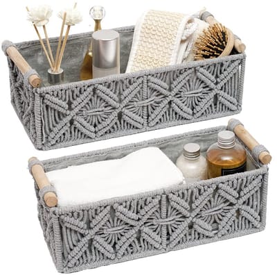 Mand, boho-decoratiemanden voor het organiseren van geweven decoratief aanrecht en toiletpapier, tanktop, thuis, slaapkamer, kinderkamer, woonkamer, ingang (set van 2, grijs)