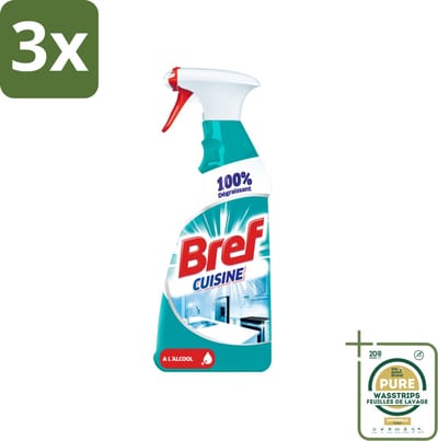 3 x Bref Keuken - Reinigingsspray - Ontvetter - Met Alcohol - 750 ml - Grootverpakking - Keuken Reinigen - Ontvetter - Keuken Spray - Werkblad Reinigen - Keuken Hygiëne