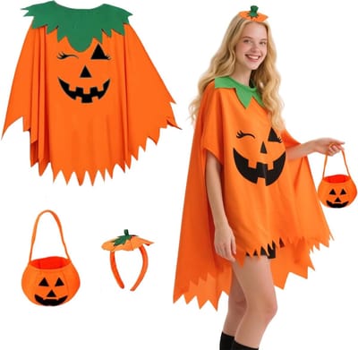 Halloween Pompoen Kostuum Set voor Volwassenen met Cape, Hoed, Haarband en Tas - Geschikt voor Feesten en Verkleedpartijen, One Size, Polyester, 120 x 85 cm